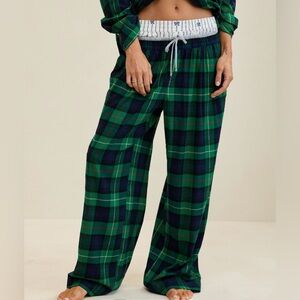 Aerie NWT Street Flannel Trouser PJ, Green and Blue Plaid Wide Leg Best Seller